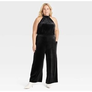 A New Day Women's Velvet Jumpsuit Black Halter‎ Neckline Size 2XL Side Pockets
